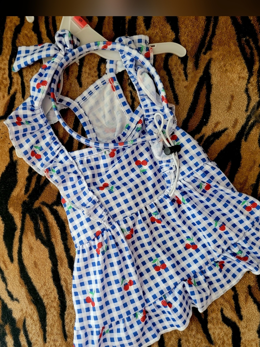 Pet Dress Dog Or Cat Blue Gingham Cherry W Headband Sz Sm Ea.